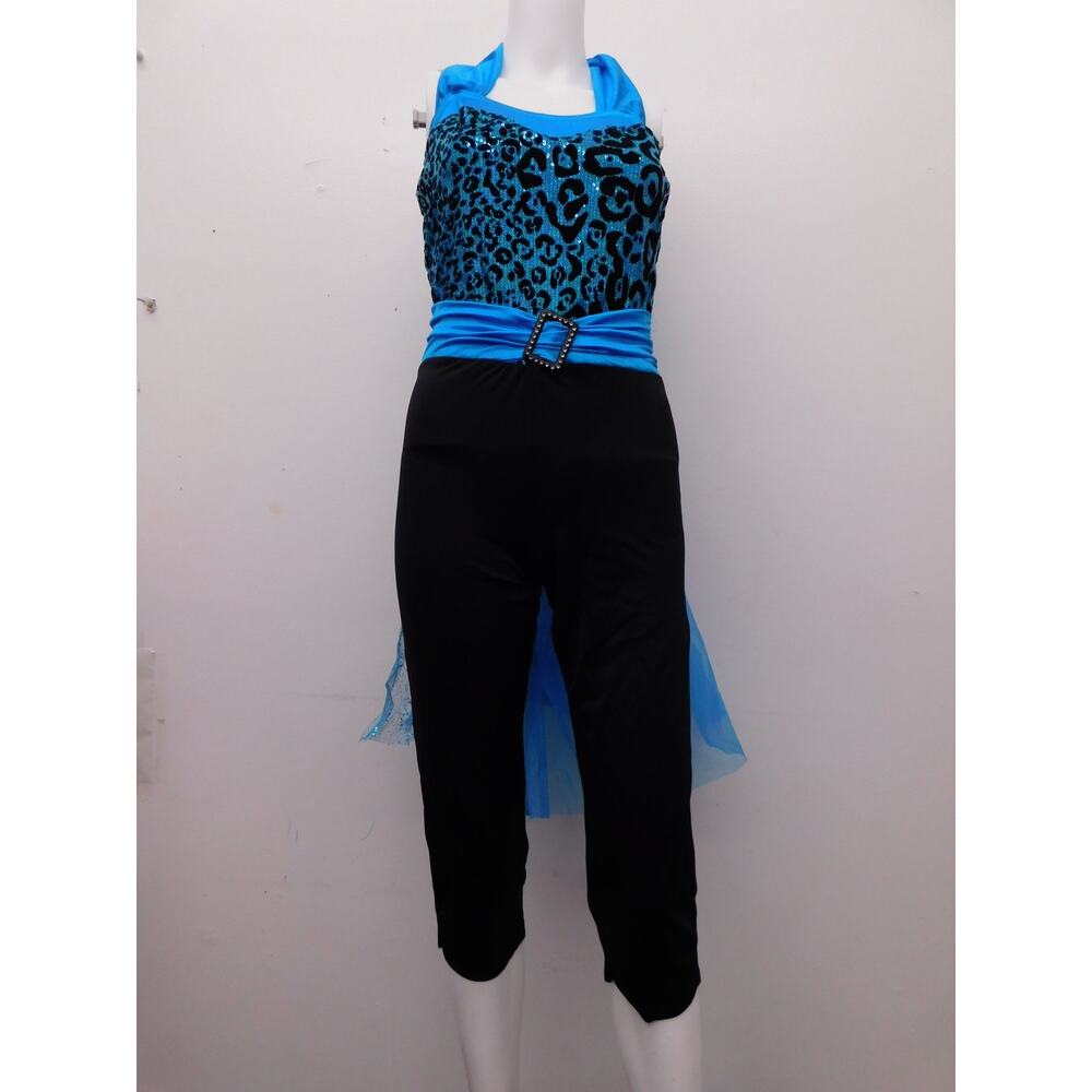 Dance Costume Gallery 15209 XL Child Turquoise Unitard with Bustle Jazz Glitter